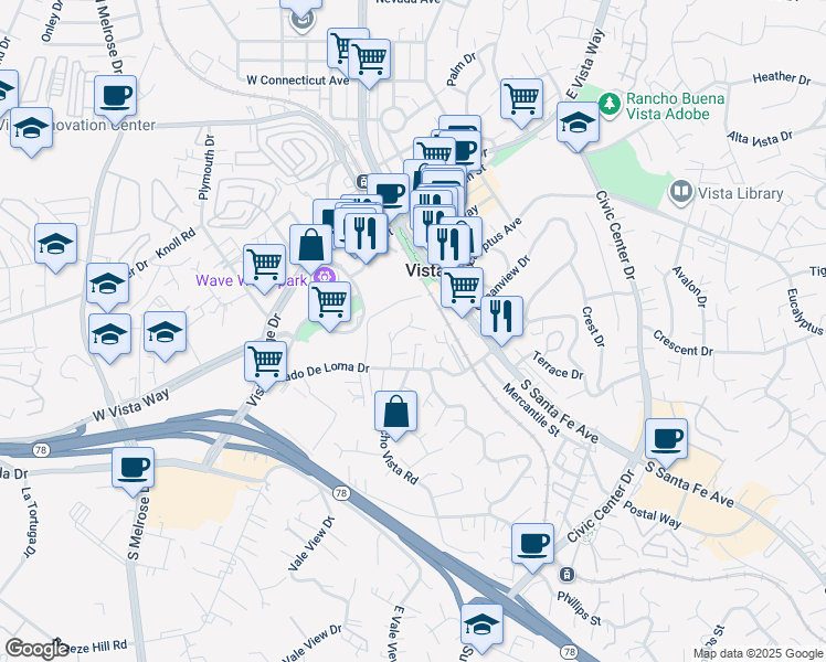map of restaurants, bars, coffee shops, grocery stores, and more near 328 Peters Drive in Vista