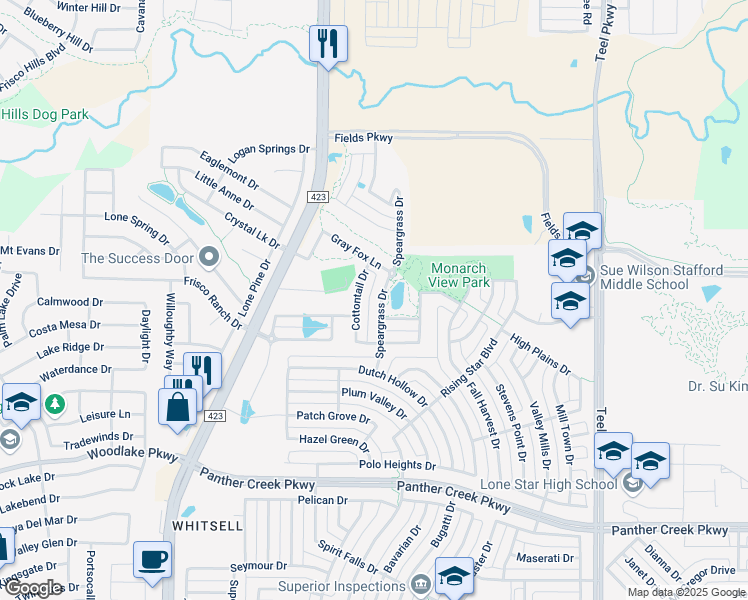 map of restaurants, bars, coffee shops, grocery stores, and more near 14381 Speargrass Drive in Frisco