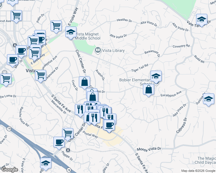 map of restaurants, bars, coffee shops, grocery stores, and more near 1008 Orleavo Drive in Vista