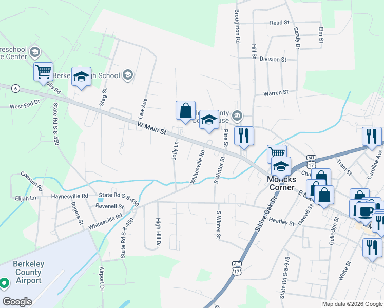 map of restaurants, bars, coffee shops, grocery stores, and more near 101 Jones St in Moncks Corner
