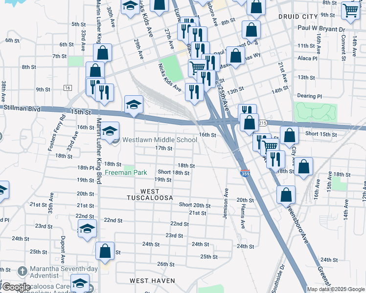 map of restaurants, bars, coffee shops, grocery stores, and more near 2710 17th Street in Tuscaloosa