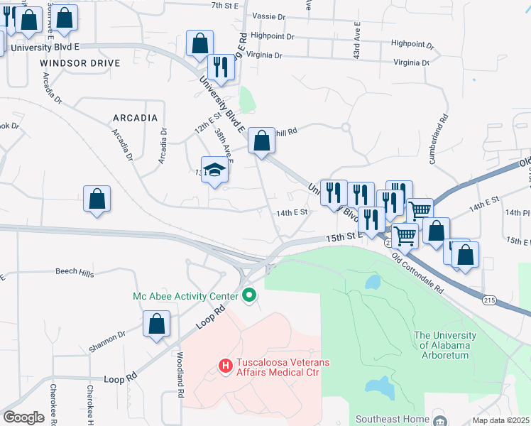 map of restaurants, bars, coffee shops, grocery stores, and more near 1416 39th Avenue East in Tuscaloosa