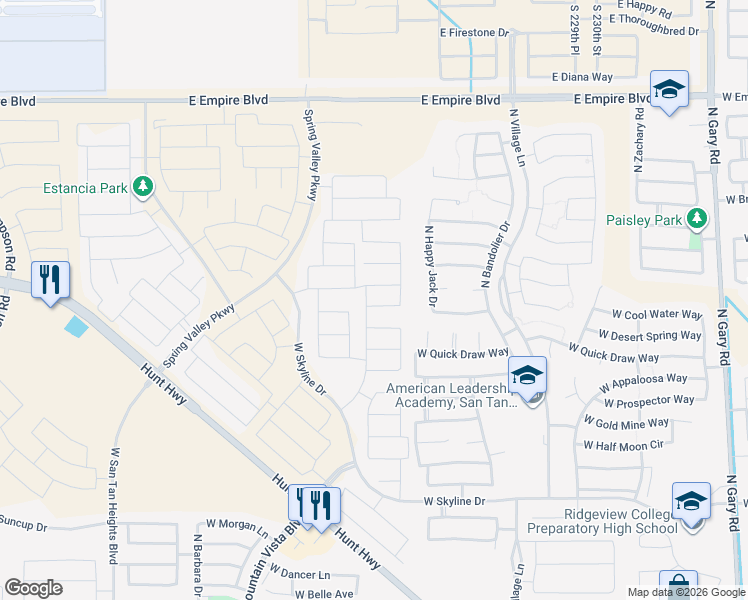 map of restaurants, bars, coffee shops, grocery stores, and more near 2882 West Rainbow Drive in Queen Creek