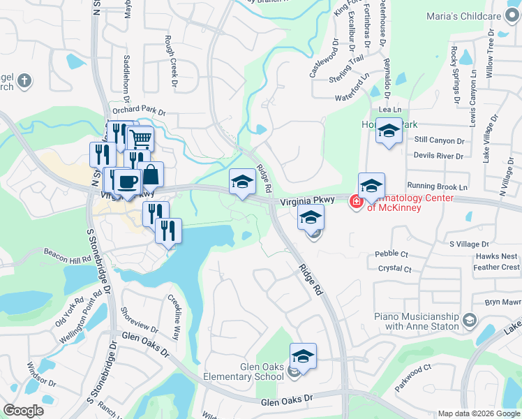 map of restaurants, bars, coffee shops, grocery stores, and more near 6051 Virginia Parkway in McKinney