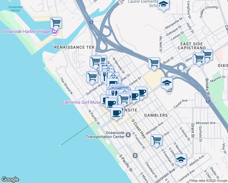 map of restaurants, bars, coffee shops, grocery stores, and more near 406 North Coast Highway in Oceanside