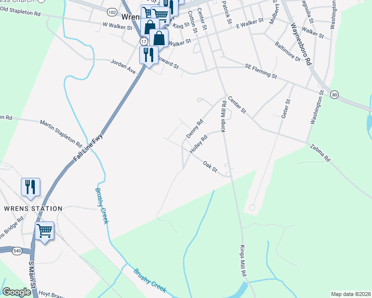 map of restaurants, bars, coffee shops, grocery stores, and more near 103 Oak Drive in Wrens
