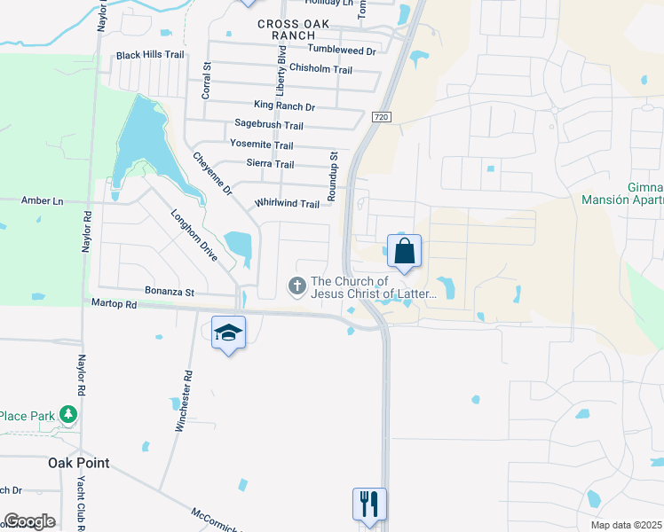 map of restaurants, bars, coffee shops, grocery stores, and more near 1505 Silver Lane in Aubrey