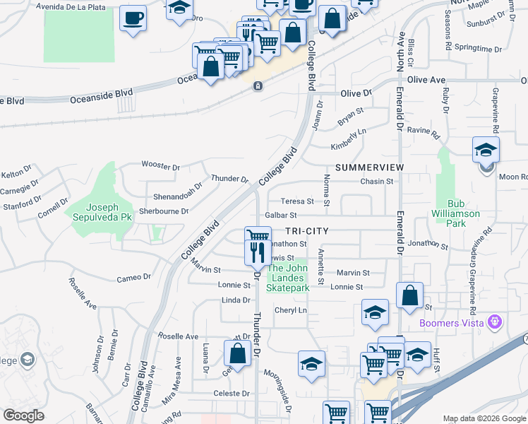 map of restaurants, bars, coffee shops, grocery stores, and more near 4100 Chasin Street in Oceanside