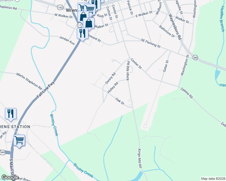 map of restaurants, bars, coffee shops, grocery stores, and more near 115 Holley Road in Wrens