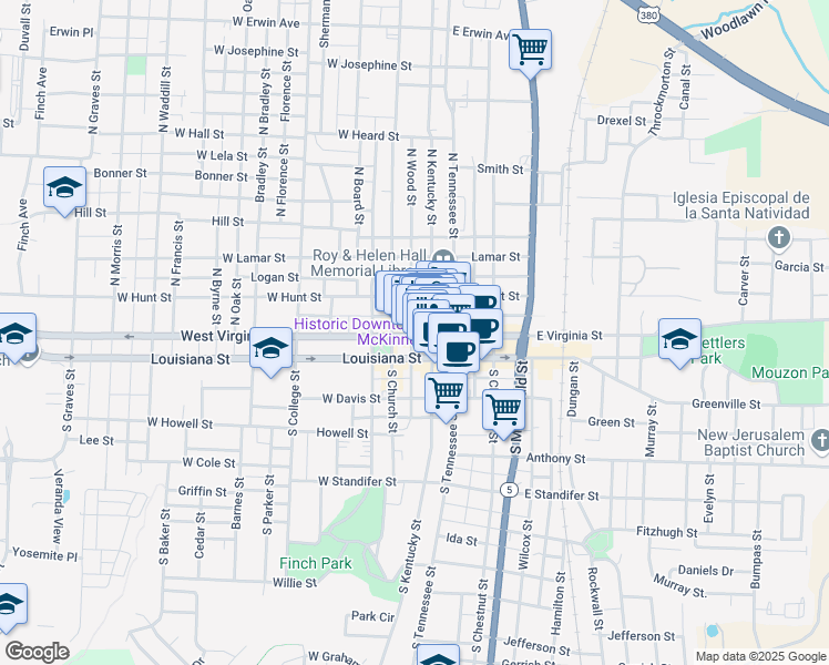 map of restaurants, bars, coffee shops, grocery stores, and more near 120 West Virginia Street in McKinney