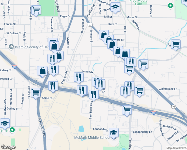 map of restaurants, bars, coffee shops, grocery stores, and more near 73 Inman Street in Denton