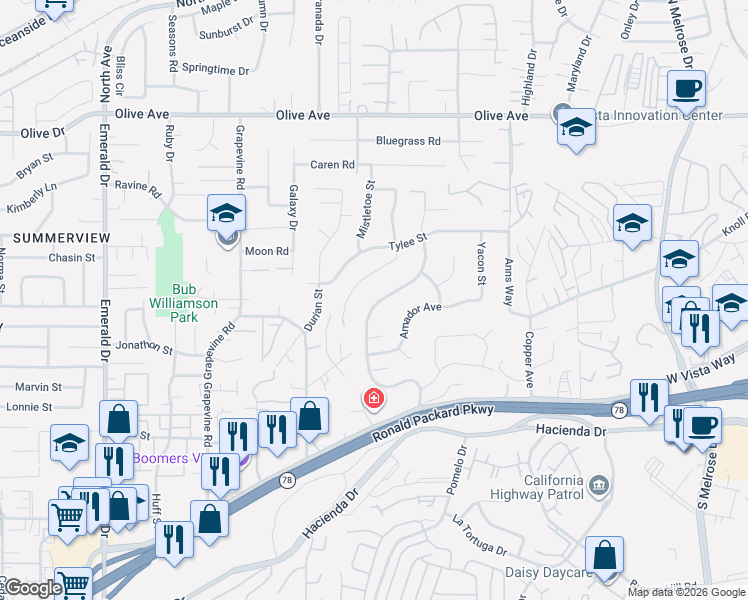 map of restaurants, bars, coffee shops, grocery stores, and more near 240 Santa Clara Drive in Vista