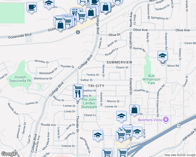 map of restaurants, bars, coffee shops, grocery stores, and more near 4140 Galbar Street in Oceanside