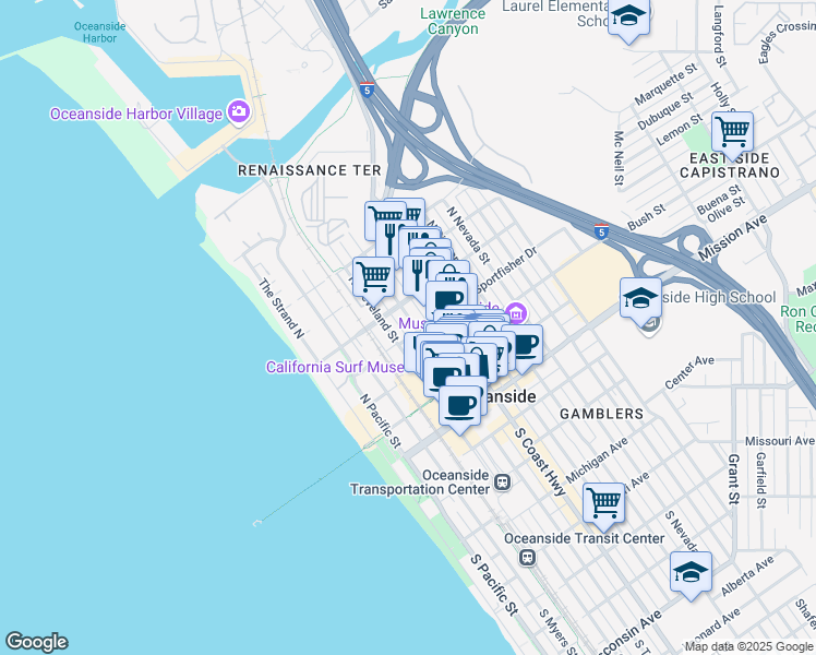 map of restaurants, bars, coffee shops, grocery stores, and more near 423 North Tremont Street in Oceanside