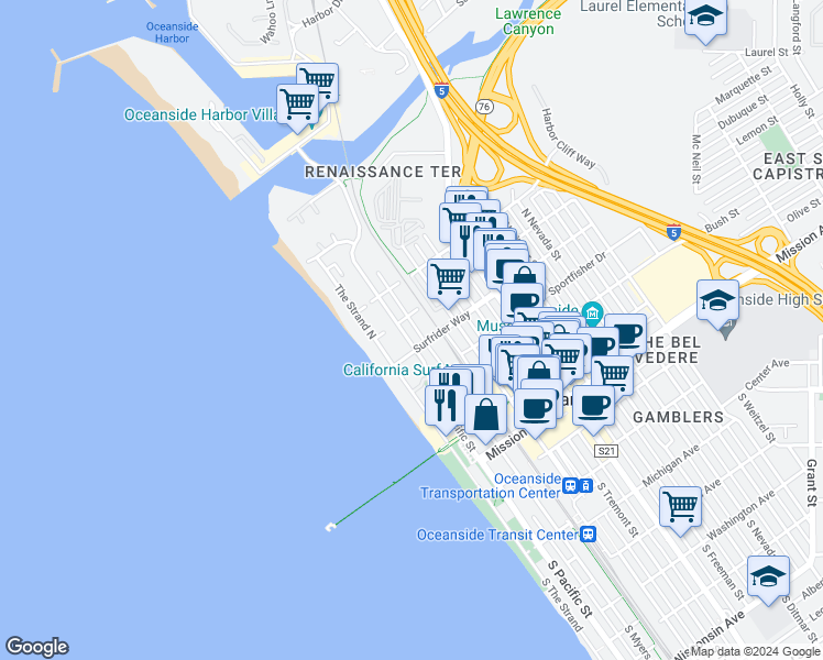 map of restaurants, bars, coffee shops, grocery stores, and more near 610 North Pacific Street in Oceanside