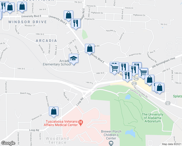 map of restaurants, bars, coffee shops, grocery stores, and more near 1422 39th Avenue East in Tuscaloosa