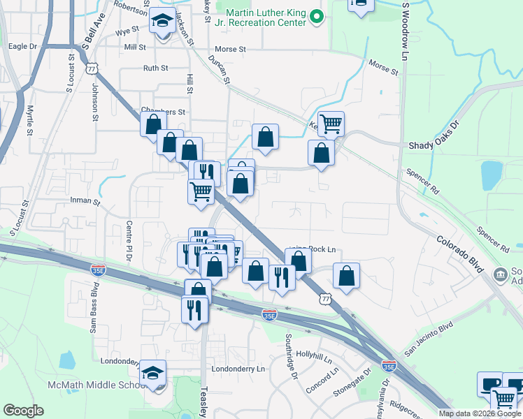 map of restaurants, bars, coffee shops, grocery stores, and more near 1334 Ruidosa Court in Denton