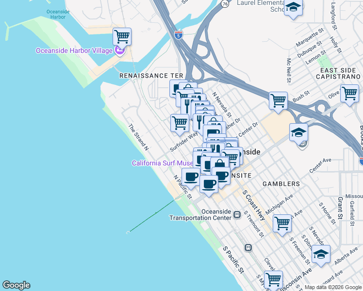 map of restaurants, bars, coffee shops, grocery stores, and more near 597 North Cleveland Street in Oceanside