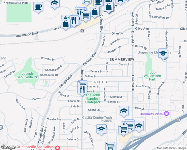 map of restaurants, bars, coffee shops, grocery stores, and more near 4126 Galbar Street in Oceanside