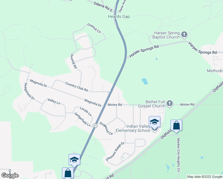 map of restaurants, bars, coffee shops, grocery stores, and more near 2260 Alabama 21 in Sylacauga