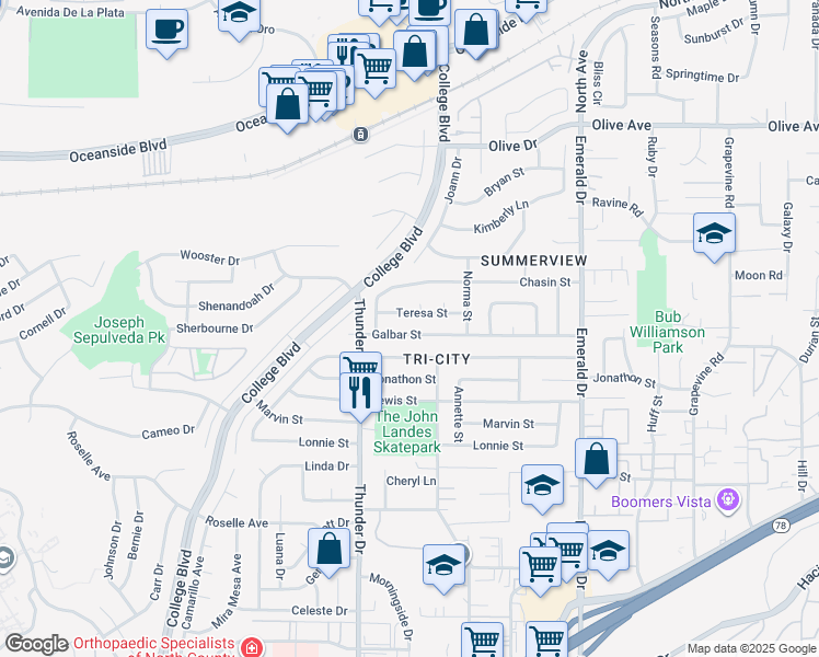 map of restaurants, bars, coffee shops, grocery stores, and more near 4126 Galbar Street in Oceanside