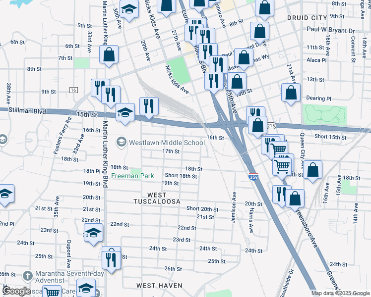 map of restaurants, bars, coffee shops, grocery stores, and more near 2710 17th Street in Tuscaloosa