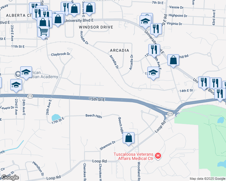 map of restaurants, bars, coffee shops, grocery stores, and more near 3218 Veterans Memorial Parkway in Tuscaloosa