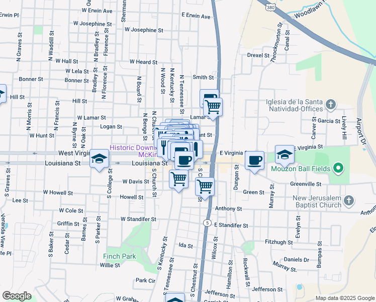 map of restaurants, bars, coffee shops, grocery stores, and more near 202 North Tennessee Street in McKinney