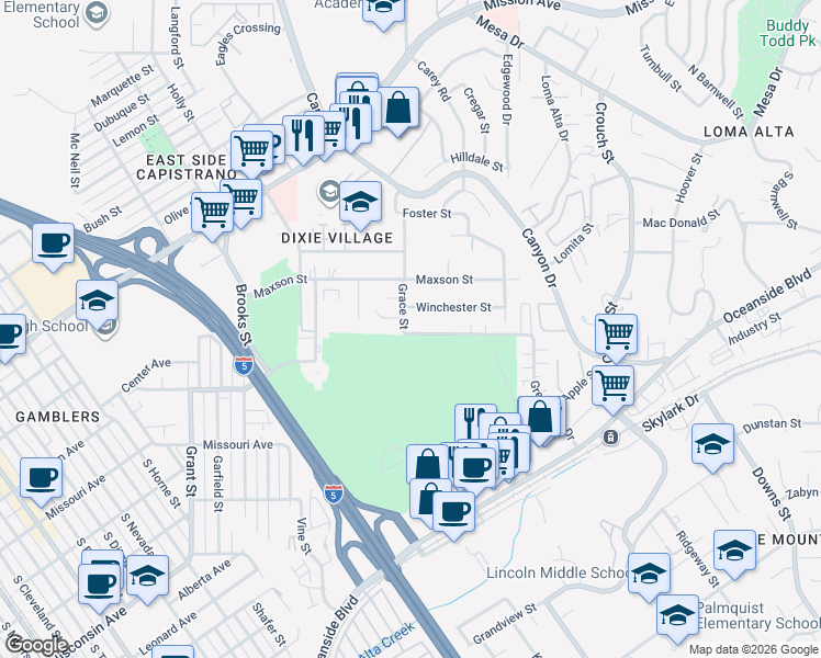 map of restaurants, bars, coffee shops, grocery stores, and more near 2004 Greenbrier Drive in Oceanside