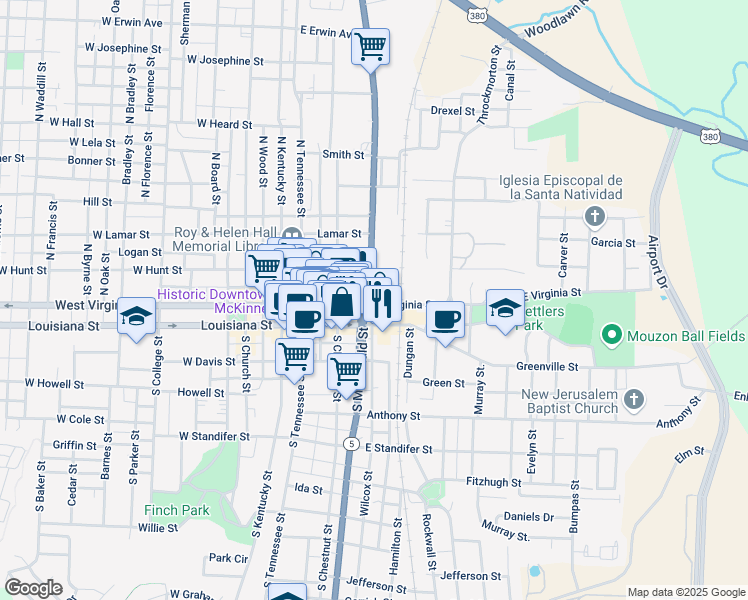 map of restaurants, bars, coffee shops, grocery stores, and more near 200 North McDonald Street in McKinney