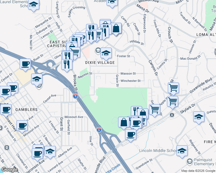 map of restaurants, bars, coffee shops, grocery stores, and more near 332 Cadillac Circle in Oceanside