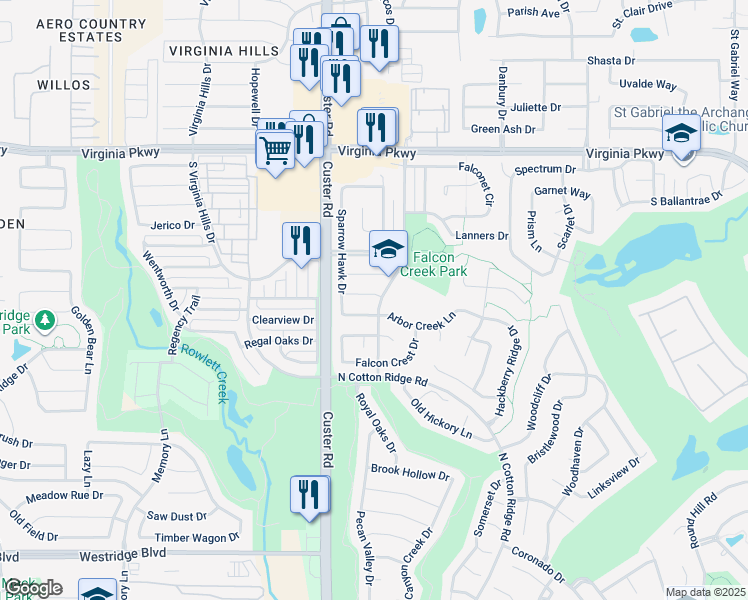 map of restaurants, bars, coffee shops, grocery stores, and more near 8701 Tiercels Drive in McKinney