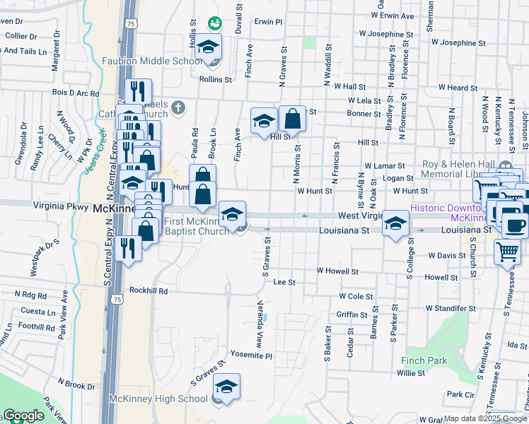 map of restaurants, bars, coffee shops, grocery stores, and more near 1600 West Virginia Street in McKinney