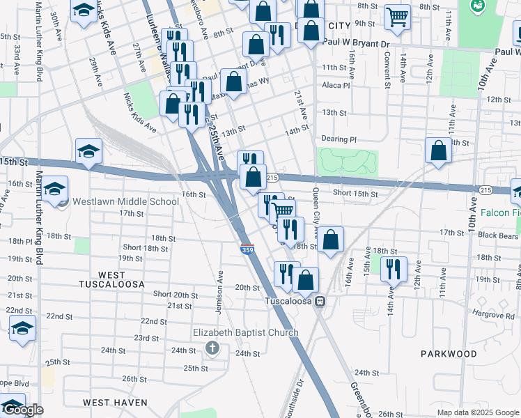 map of restaurants, bars, coffee shops, grocery stores, and more near 1600 Greensboro Ave in Tuscaloosa
