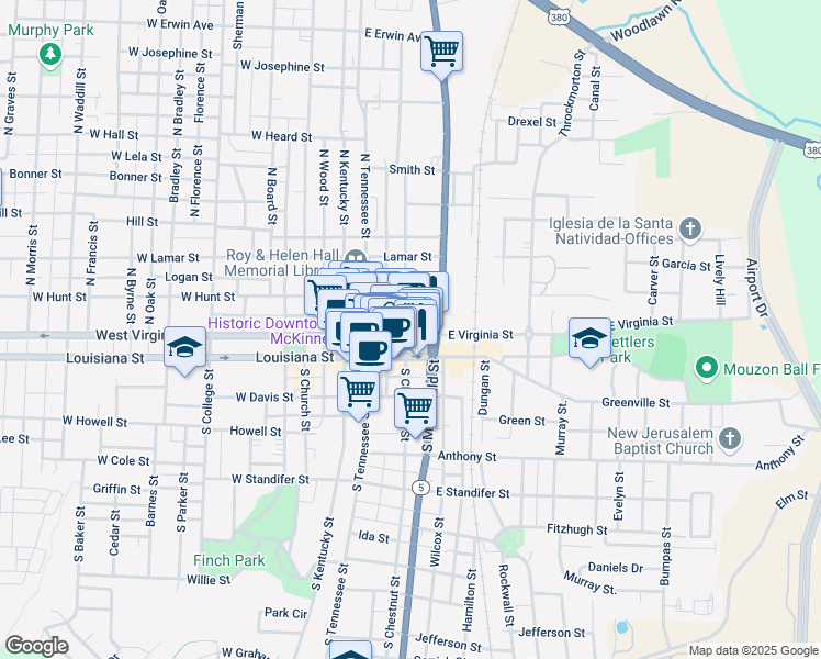 map of restaurants, bars, coffee shops, grocery stores, and more near 301 East Virginia Street in McKinney