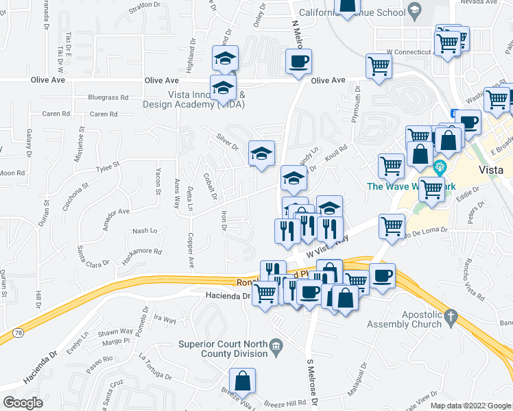 map of restaurants, bars, coffee shops, grocery stores, and more near 220 North Melrose Drive in Vista