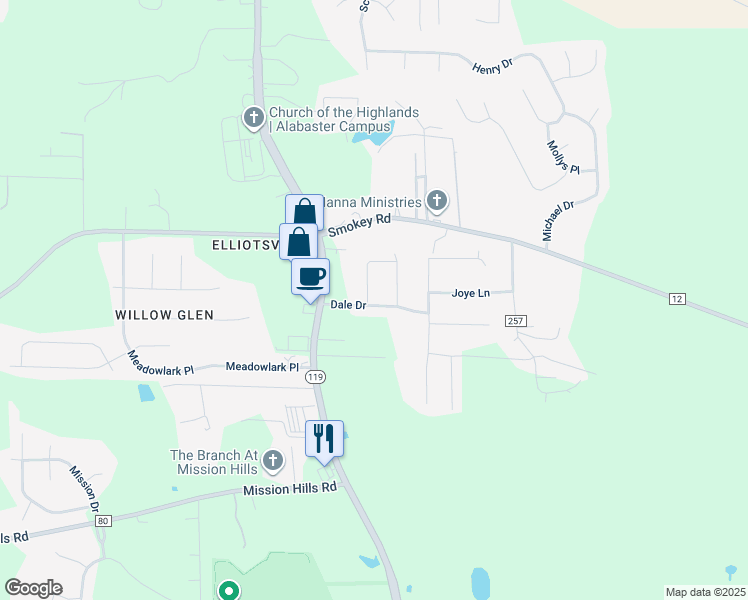 map of restaurants, bars, coffee shops, grocery stores, and more near 201 Dale Drive in Alabaster
