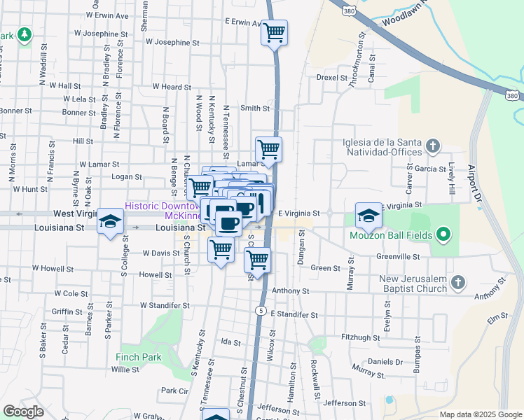 map of restaurants, bars, coffee shops, grocery stores, and more near 301 East Virginia Street in McKinney