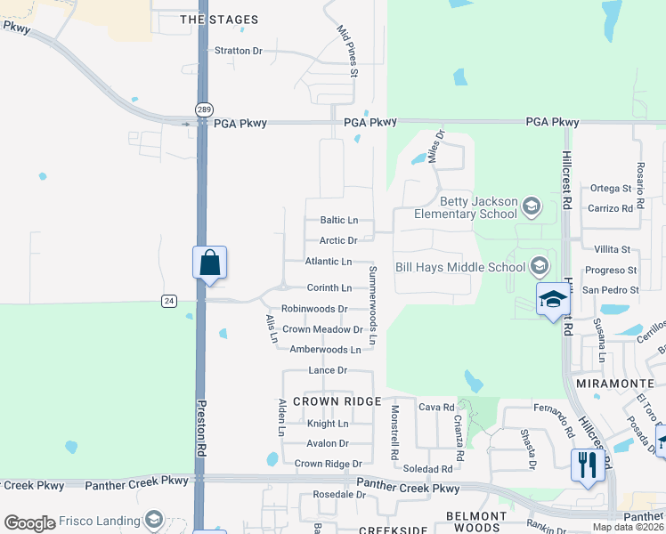 map of restaurants, bars, coffee shops, grocery stores, and more near 9765 Atlantic Lane in Frisco
