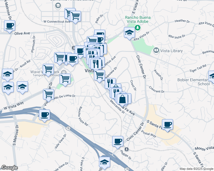 map of restaurants, bars, coffee shops, grocery stores, and more near 420 South Santa Fe Avenue in Vista