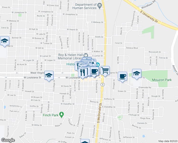 map of restaurants, bars, coffee shops, grocery stores, and more near 202 North Tennessee Street in McKinney