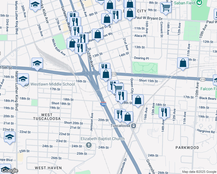 map of restaurants, bars, coffee shops, grocery stores, and more near 1600 Greensboro Avenue in Tuscaloosa