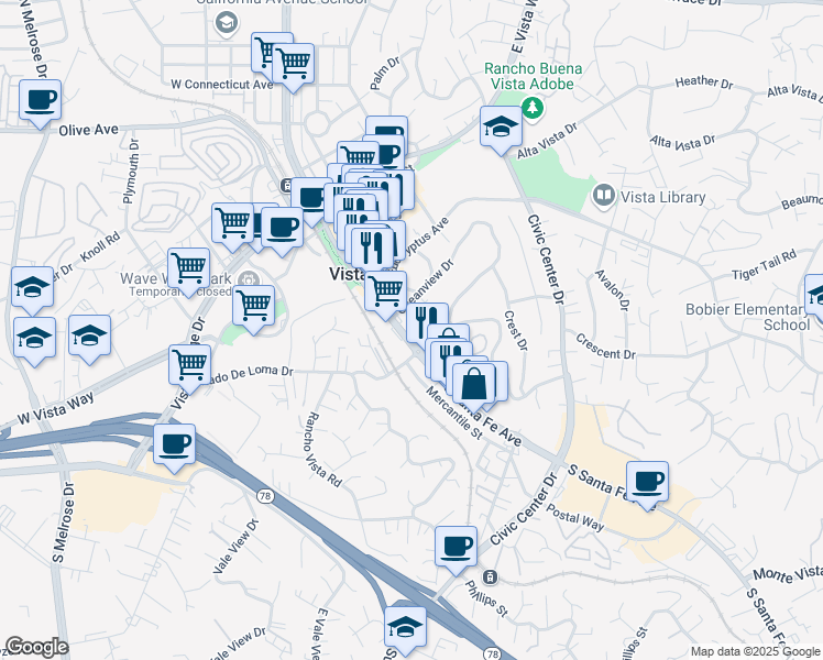 map of restaurants, bars, coffee shops, grocery stores, and more near 420 South Santa Fe Avenue in Vista