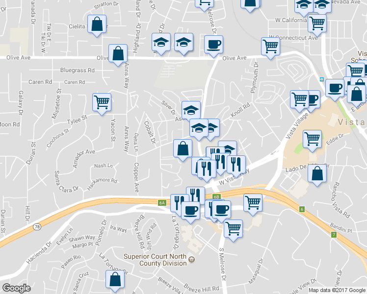 map of restaurants, bars, coffee shops, grocery stores, and more near 220 North Melrose Drive in Vista