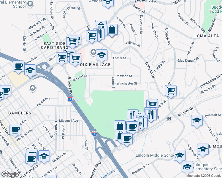 map of restaurants, bars, coffee shops, grocery stores, and more near 2004 Greenbrier Drive in Oceanside