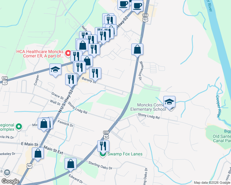 map of restaurants, bars, coffee shops, grocery stores, and more near 115 Stiles And Wells Dr. in Moncks Corner