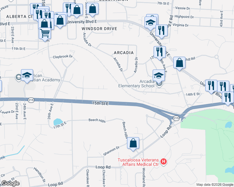 map of restaurants, bars, coffee shops, grocery stores, and more near 3218 Veterans Memorial Parkway in Tuscaloosa
