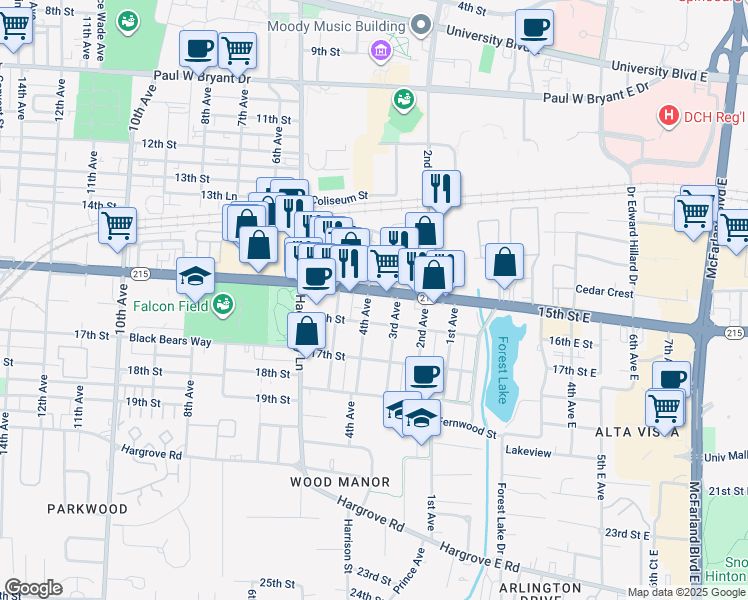 map of restaurants, bars, coffee shops, grocery stores, and more near 1505 4th Avenue in Tuscaloosa