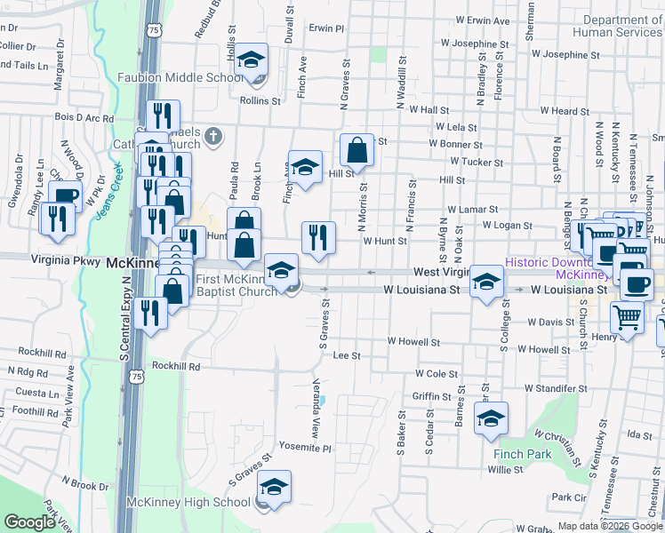 map of restaurants, bars, coffee shops, grocery stores, and more near 1600 West Virginia Street in McKinney