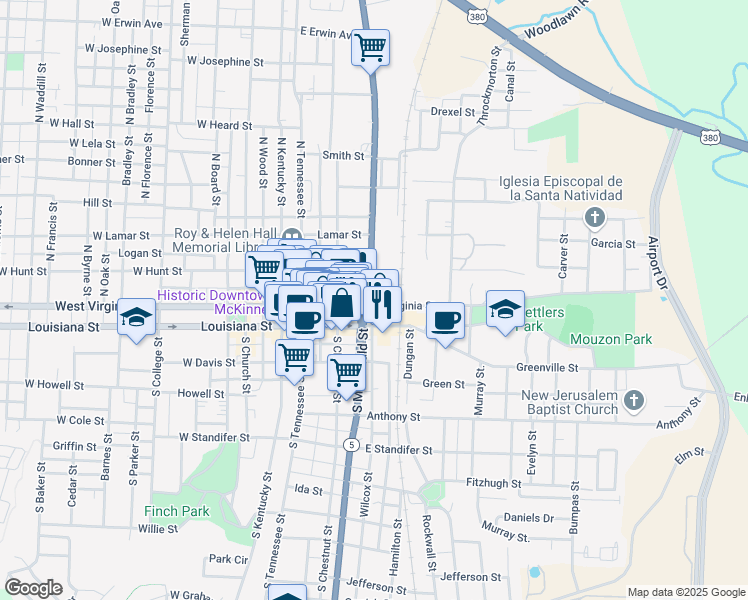 map of restaurants, bars, coffee shops, grocery stores, and more near 200 North McDonald Street in McKinney